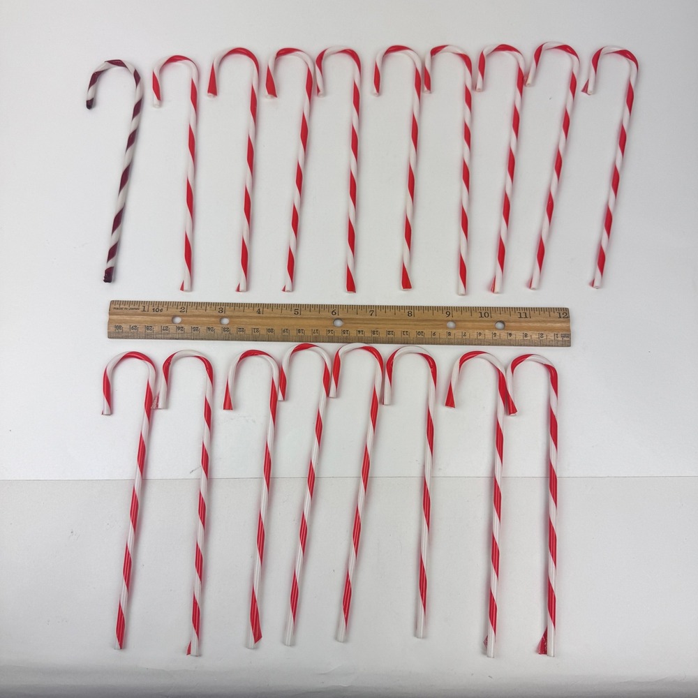 18 Vtg Thin Plastic Red‎ White Stripe Candy Cane Christmas Ornament 7.5inch READ